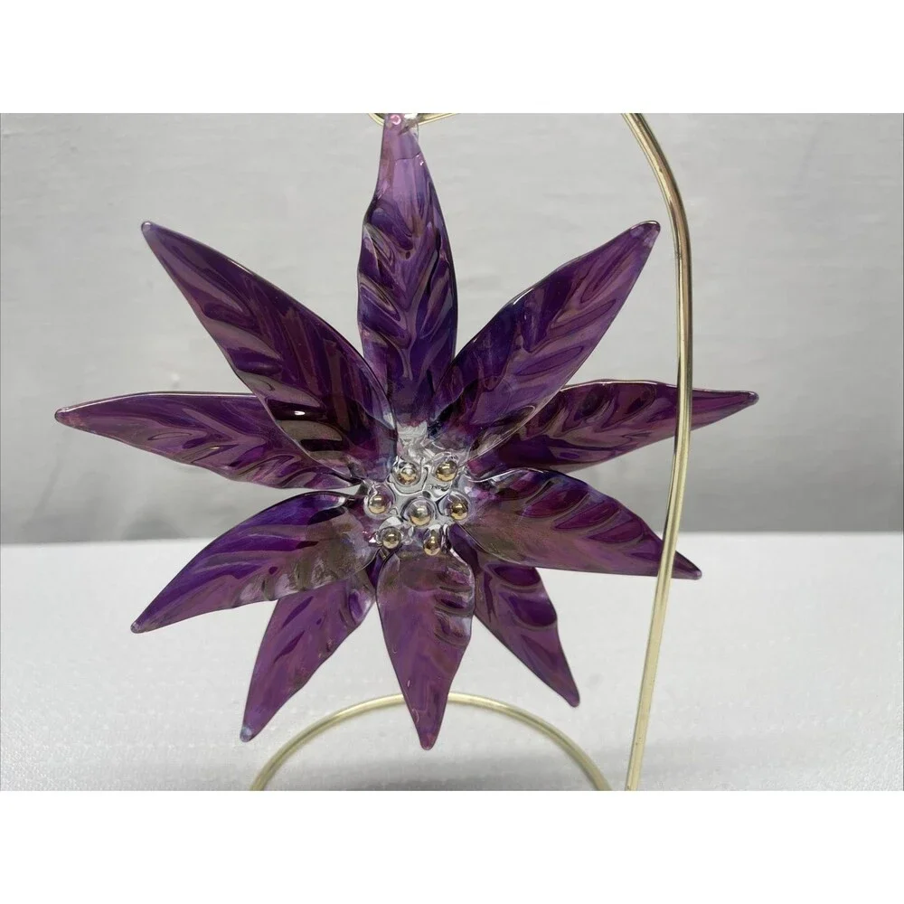 Vtg Purple Hand Blown Glass Poinsettia Flower Hanging Window Ornament Christmas